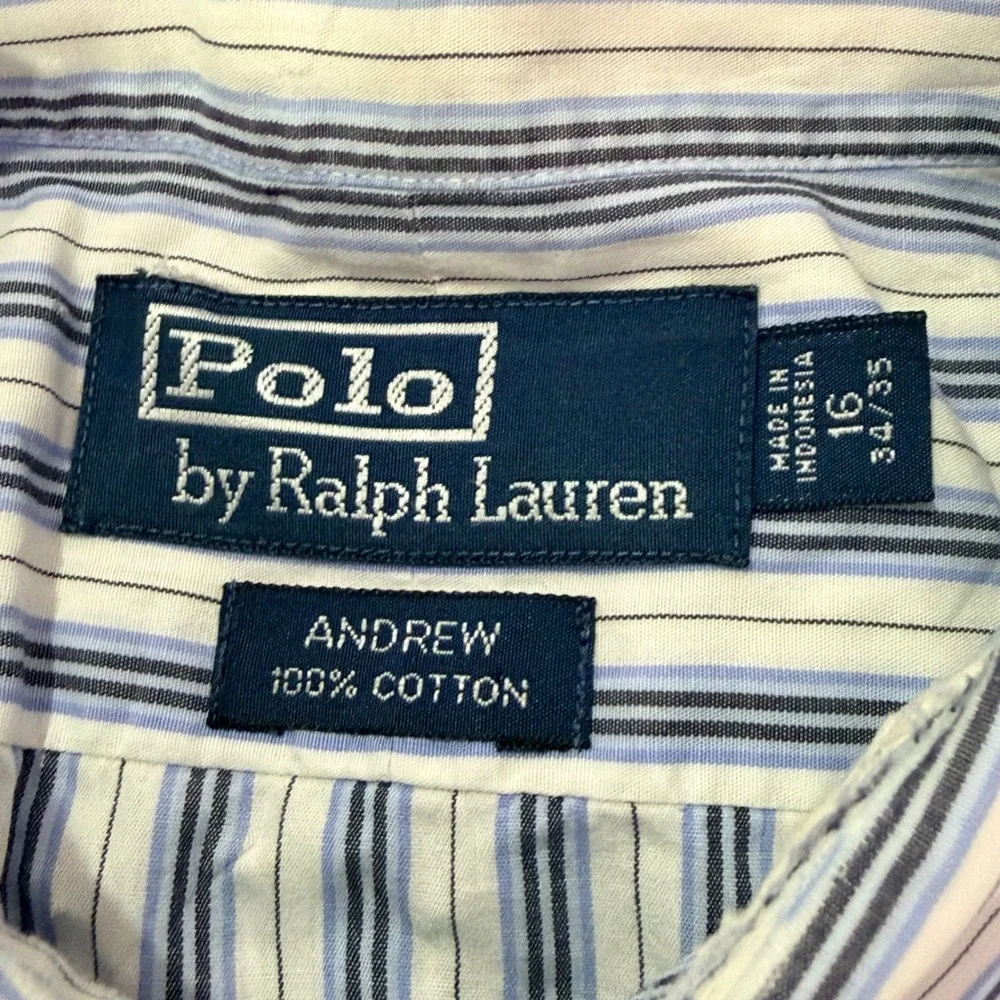 Vintage Polo Ralph Lauren‎ Andrew Button Down Men 16 Large Blue Stripe Poplin